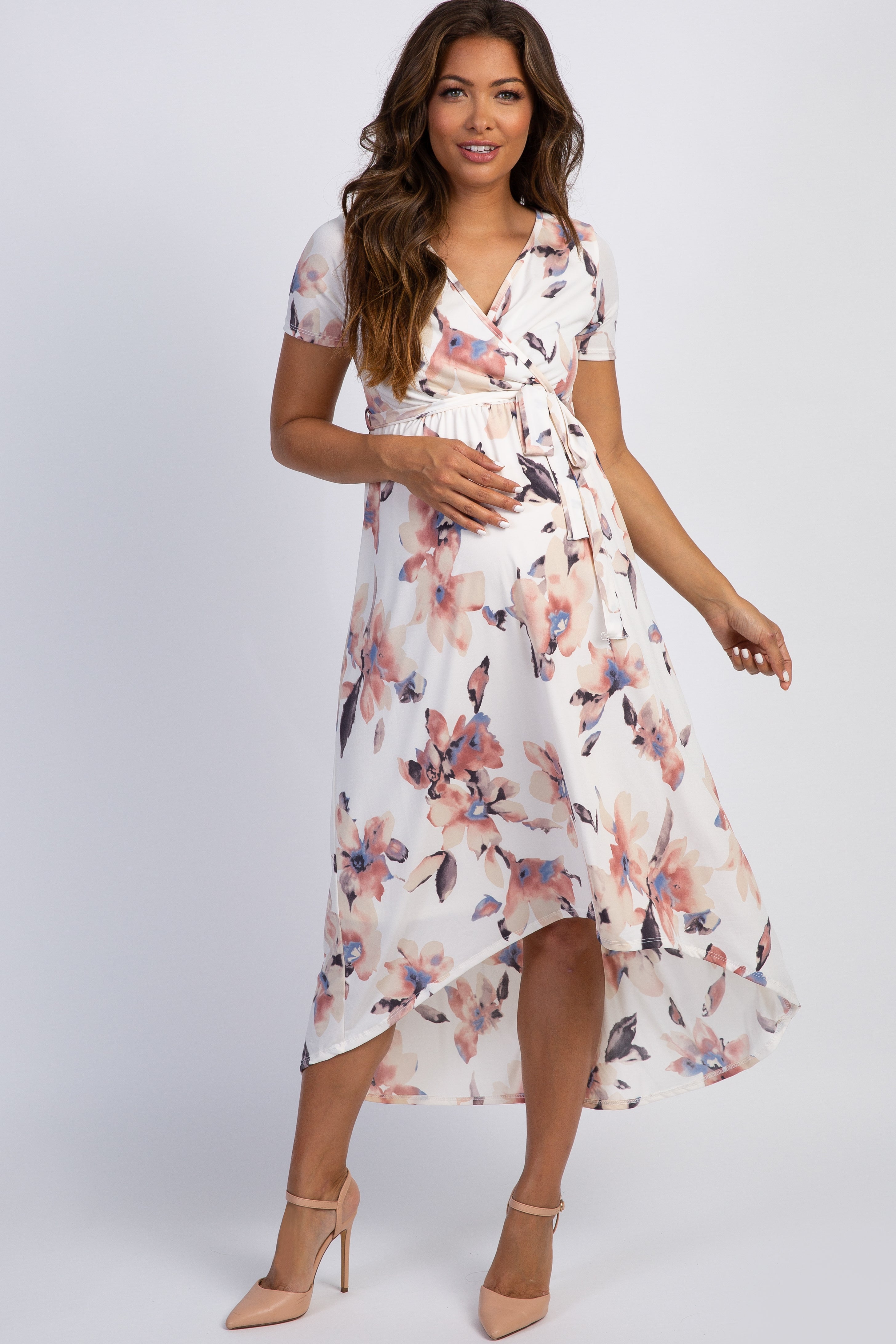PinkBlush Maternity Ivory Watercolor Floral Hi-Low Wrap Dress - Ivory