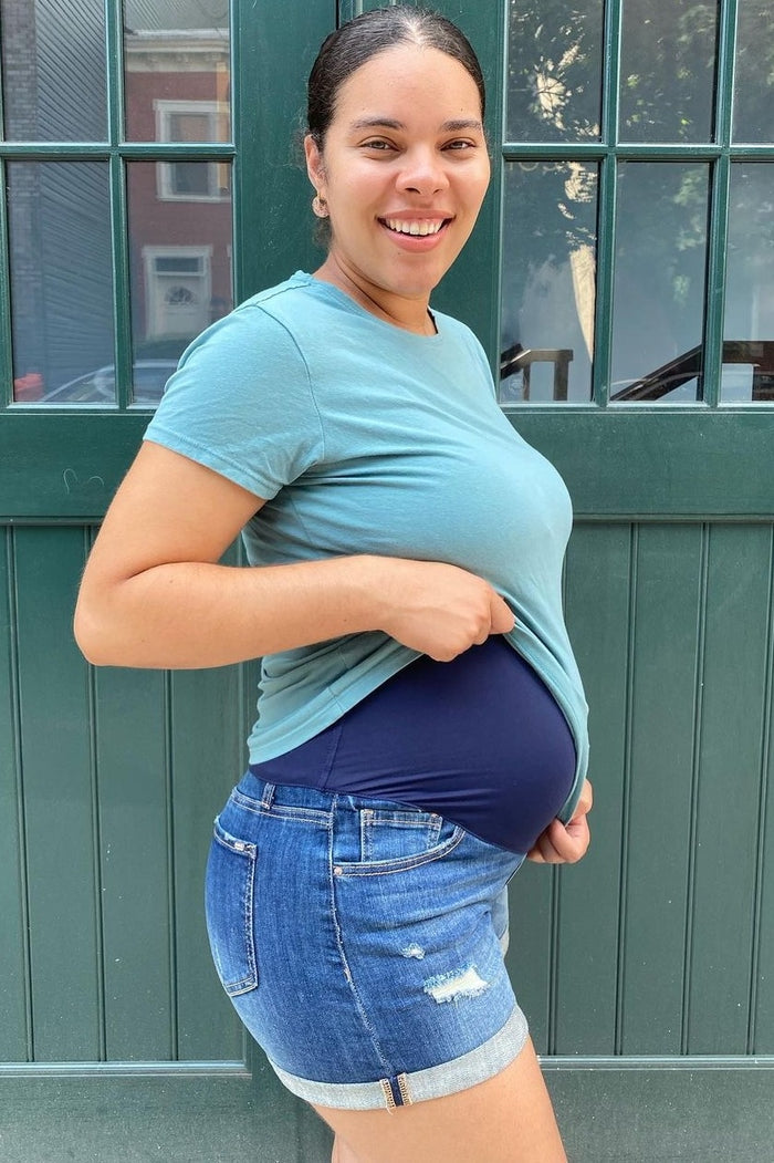 PinkBlush Navy Blue Distressed Rolled Hem Maternity Denim Shorts