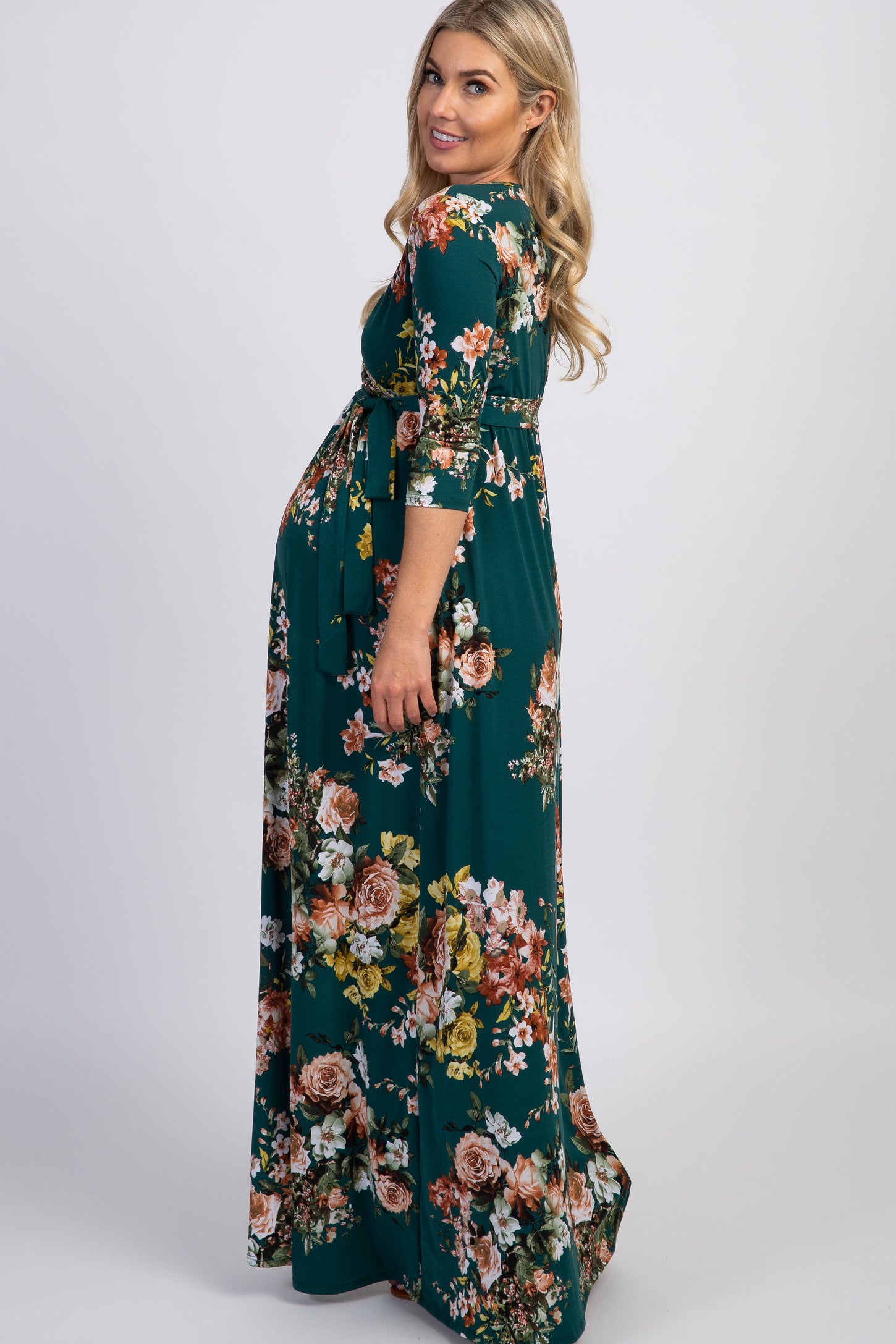 PinkBlush Green Rose Print Sash Tie Maternity Maxi Dress PinkBlush Green Rose Print Sash Tie Maternity Maxi Dress