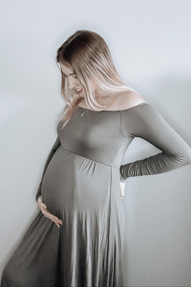 PinkBlush Petite Olive Off Shoulder Maternity Maxi Dress PinkBlush Petite Olive Off Shoulder Maternity Maxi Dress