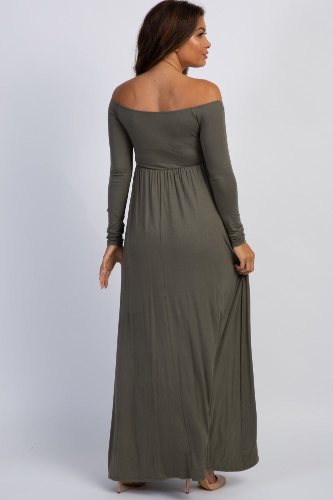 PinkBlush Petite Olive Solid Off Shoulder Maternity Maxi Dress PinkBlush Petite Olive Solid Off Shoulder Maternity Maxi Dress