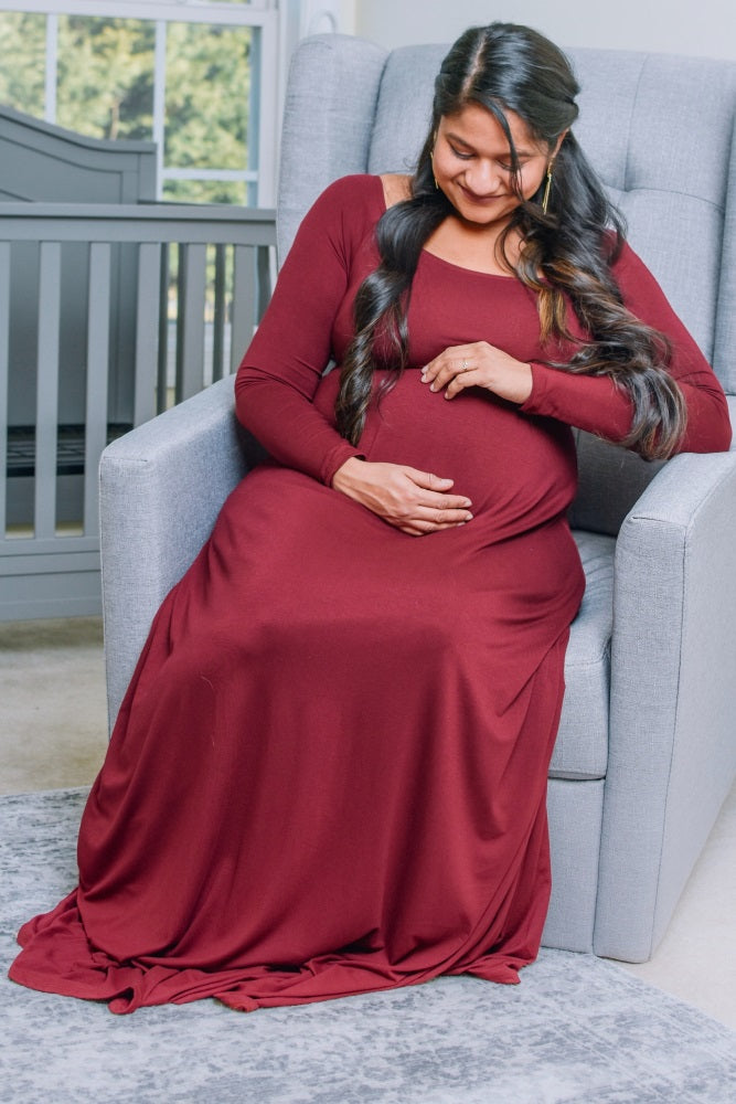 PinkBlush Petite Dark Burgundy Solid Off Shoulder Maternity Maxi Dress PinkBlush Petite Dark Burgundy Solid Off Shoulder Maternity Maxi Dress