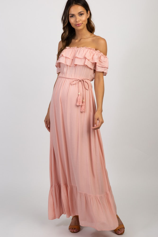 sleeveless women's light pink off the shoulder dress for pregnant Pink Off Shoulder Tassel Tie Maternity Maxi Dress