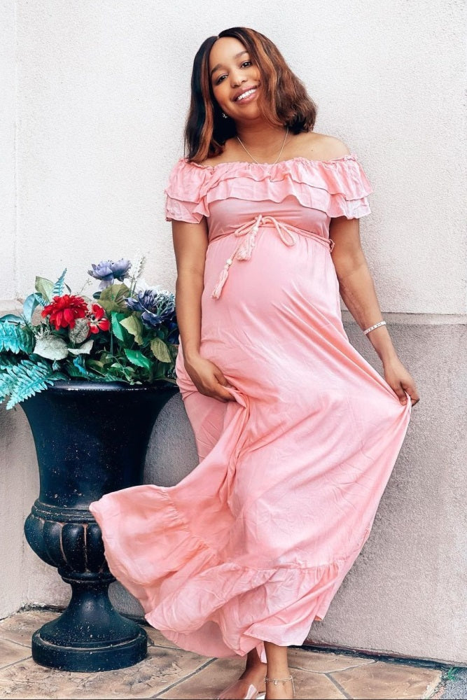 Pink Off Shoulder Tassel Tie Maternity Maxi Dress PinkBlush Pink Off Shoulder Tassel Tie Maternity Maxi Dress PinkBlush