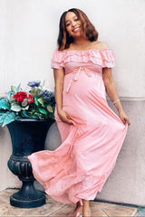 Pink Off Shoulder Tassel Tie Maternity Maxi Dress