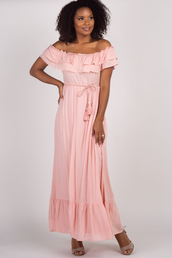 Pink Off Shoulder Tassel Tie Maternity Maxi Dress PinkBlush Pink Off Shoulder Tassel Tie Maternity Maxi Dress PinkBlush
