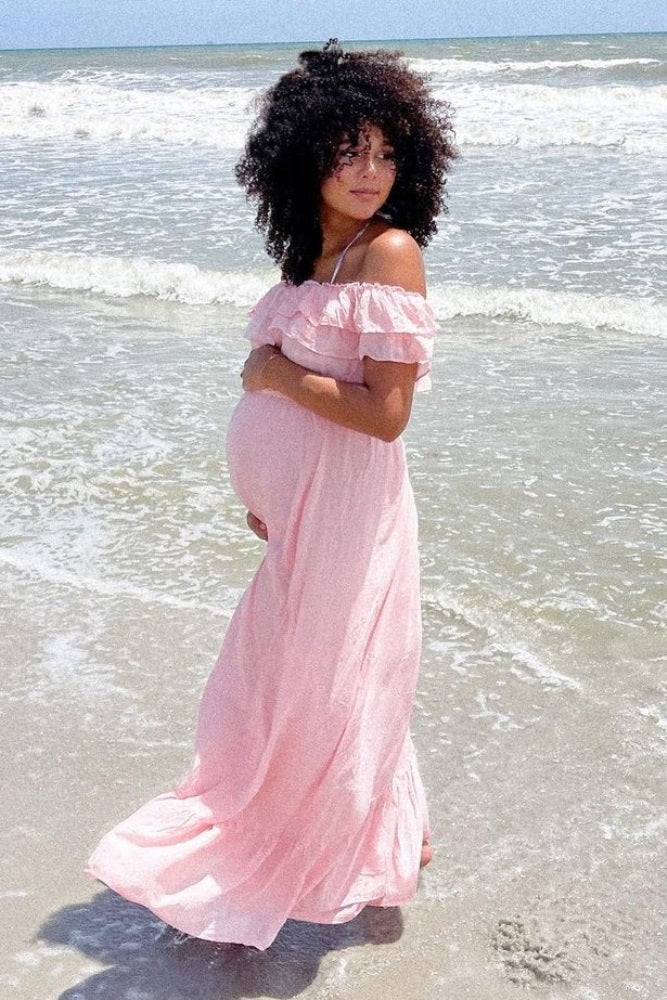 Pink Off Shoulder Tassel Tie Maternity Maxi Dress PinkBlush Pink Off Shoulder Tassel Tie Maternity Maxi Dress PinkBlush