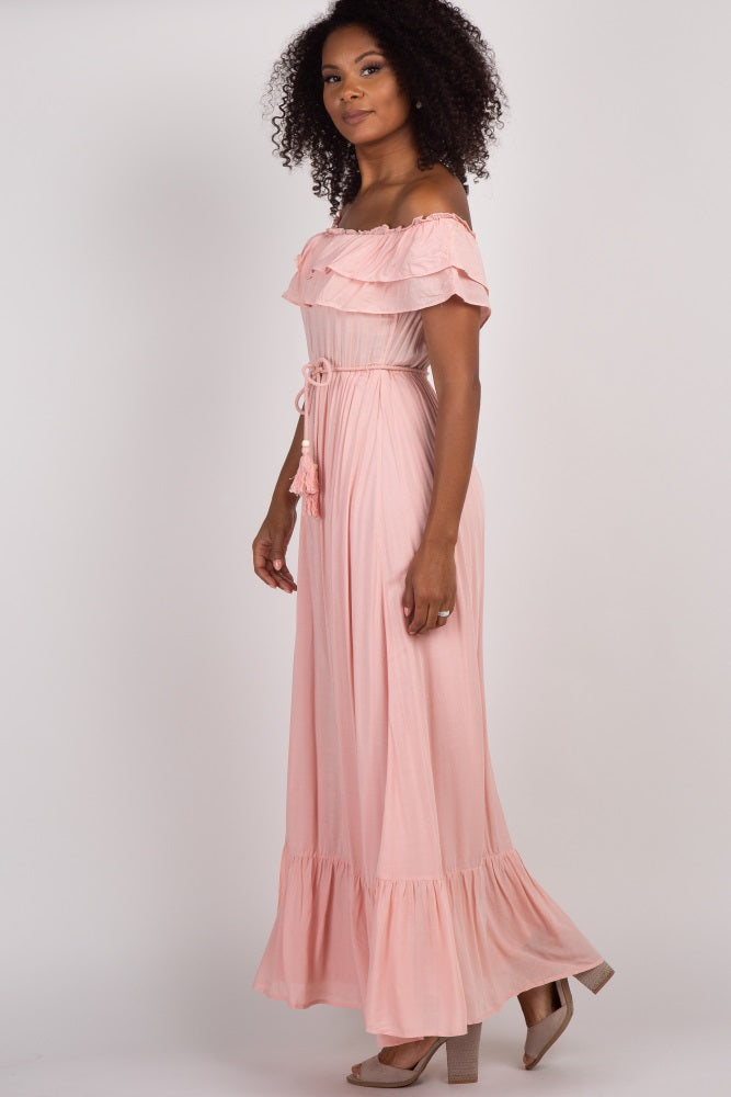 Pink Off Shoulder Tassel Tie Maxi Dress – PinkBlush