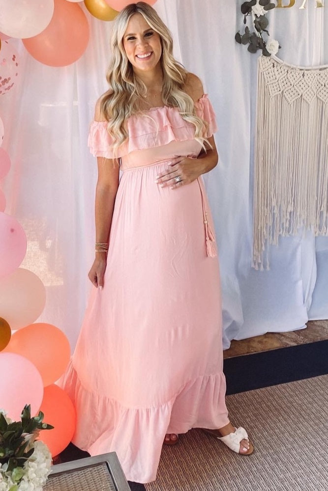 Pink Off Shoulder Tassel Tie Maternity Maxi Dress Pink Off Shoulder Tassel Tie Maternity Maxi Dress