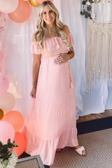 Pink Off Shoulder Tassel Tie Maternity Maxi Dress