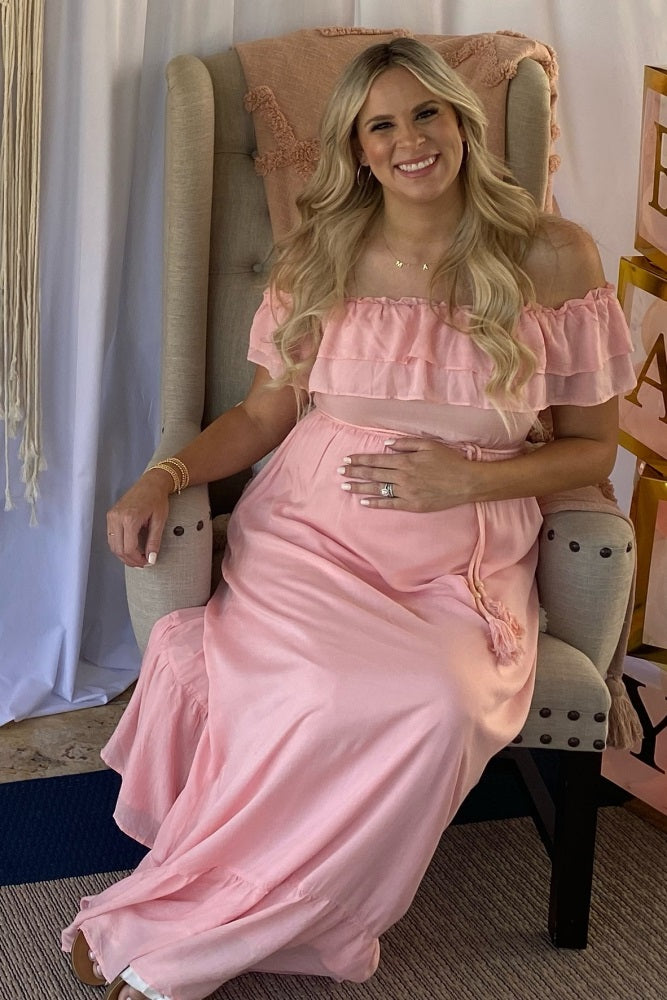 Pink Off Shoulder Tassel Tie Maternity Maxi Dress PinkBlush Pink Off Shoulder Tassel Tie Maternity Maxi Dress PinkBlush