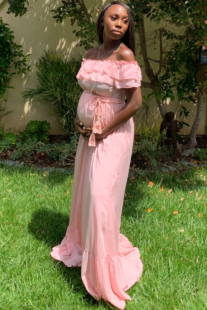 Pink Off Shoulder Tassel Tie Maternity Maxi Dress PinkBlush Pink Off Shoulder Tassel Tie Maternity Maxi Dress PinkBlush