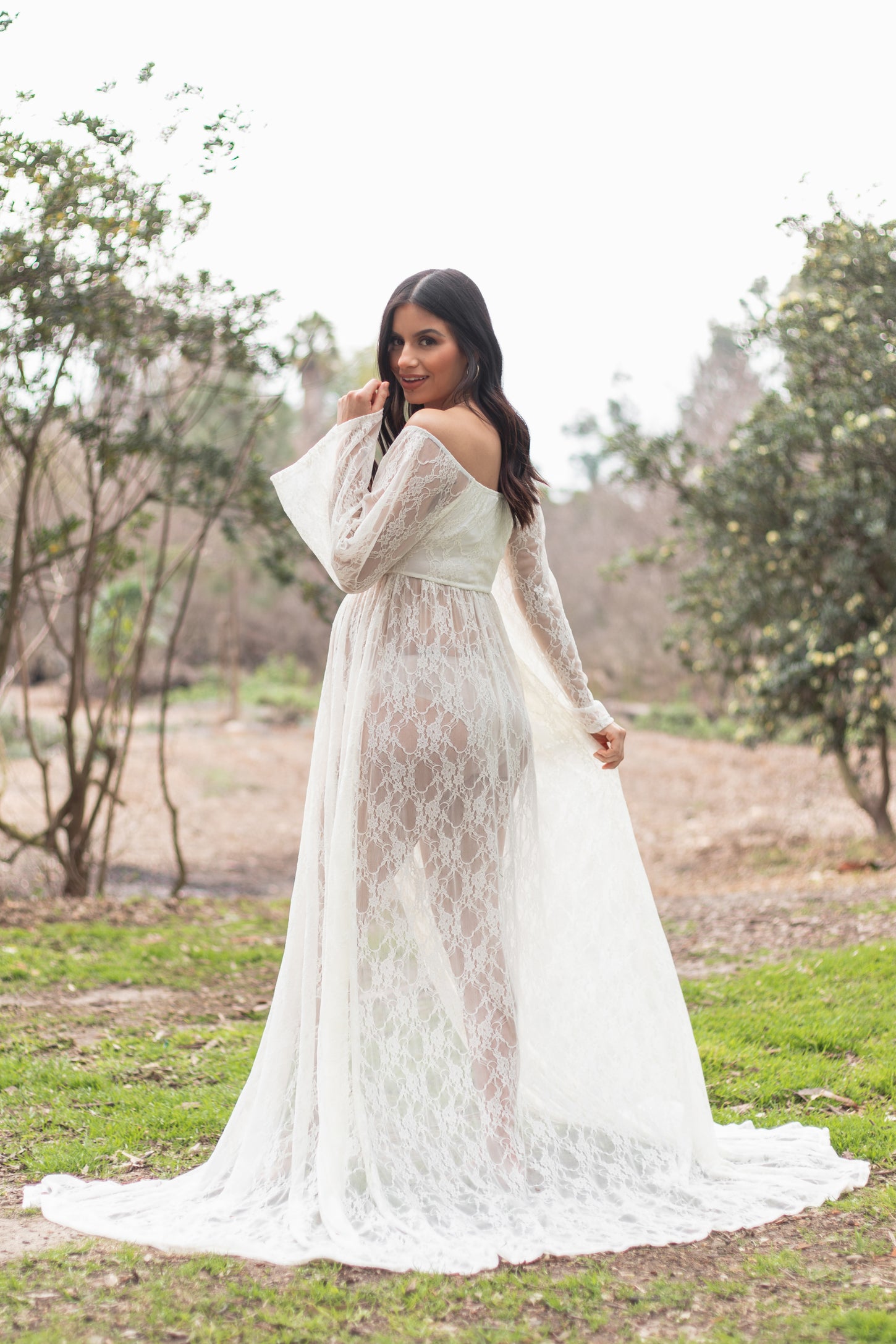 lace dress photoshoot Ivory Lace Sexy Off-the-shoulder Holiday Maternity Photoshoot Gown