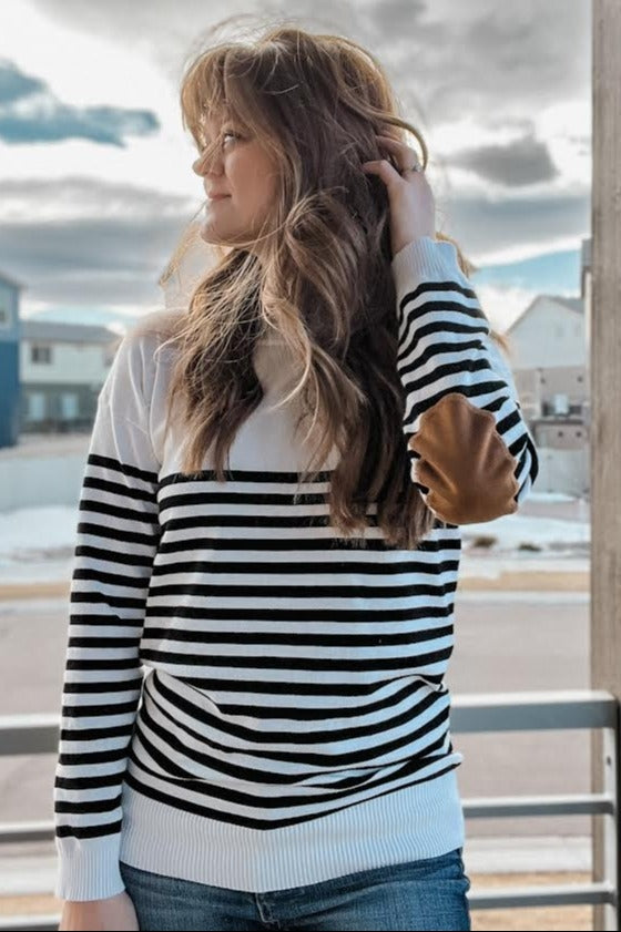 PinkBlush Ivory Striped Elbow Patch Knit Sweater