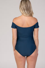 Navy Blue Off Shoulder Maternity One-Piece Swimsuit