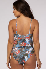 PinkBlush Blue Tropical Print One Piece Maternity Swimsuit