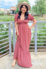 Pink Floral Puff Sleeve Maxi Dress