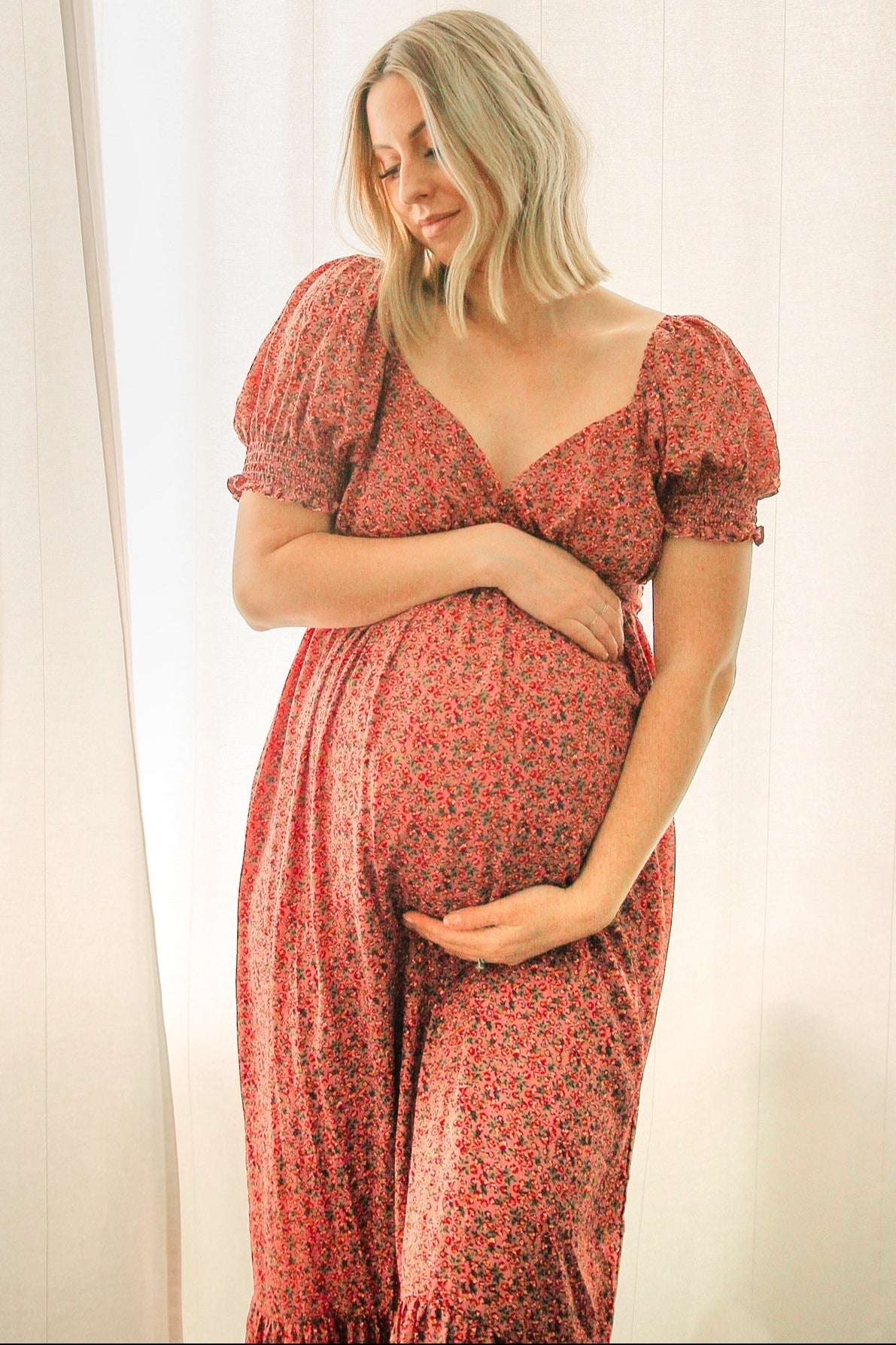 Pink Floral Puff Sleeve Maternity Maxi Dress Small Pink Floral Puff Sleeve Maternity Maxi Dress Small
