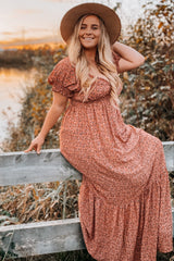 Pink Floral Puff Sleeve Maxi Dress