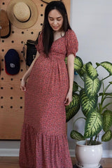 Pink Floral Puff Sleeve Maternity Maxi Dress