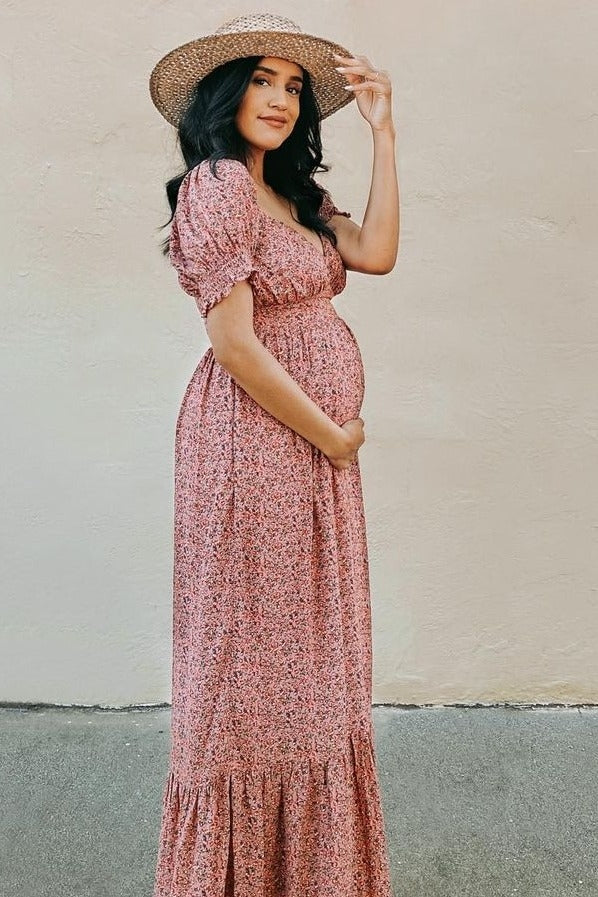 Pink Floral Puff Sleeve Maternity Maxi Dress Small