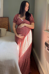 Pink Floral Puff Sleeve Maternity Maxi Dress