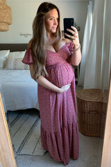Pink Floral Puff Sleeve Maternity Maxi Dress