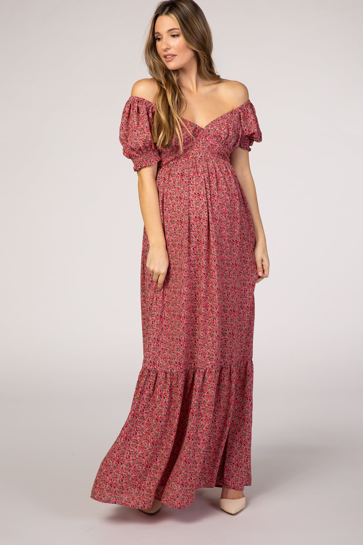 pink floral puff sleeve maternity maxi dress Momyknows Cute Pink Floral Shirring A-Line Ruffle Puff Sleeve Photoshoot Maternity Maxi Dress, Pink / M