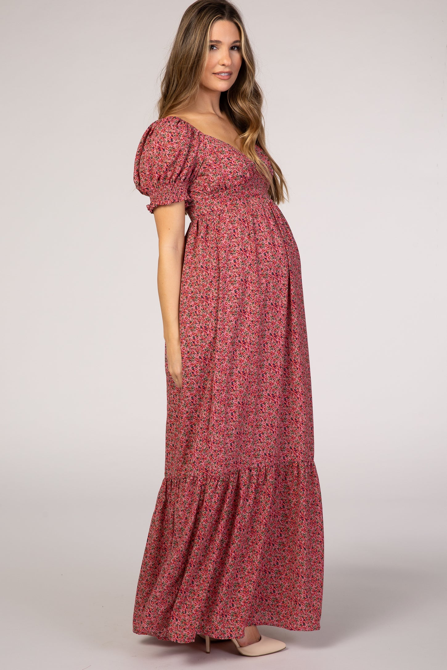 Pink Floral Puff Sleeve Maternity Maxi Dress Small