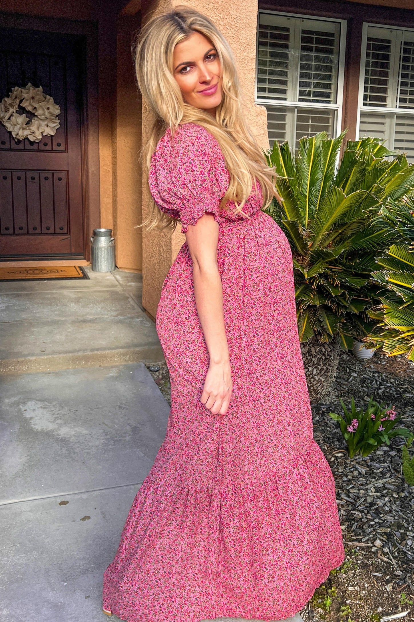Pink Floral Puff Sleeve Maternity Maxi Dress PinkBlush Pink Floral Puff Sleeve Maternity Maxi Dress PinkBlush