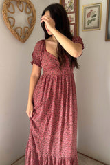 Pink Floral Puff Sleeve Maxi Dress