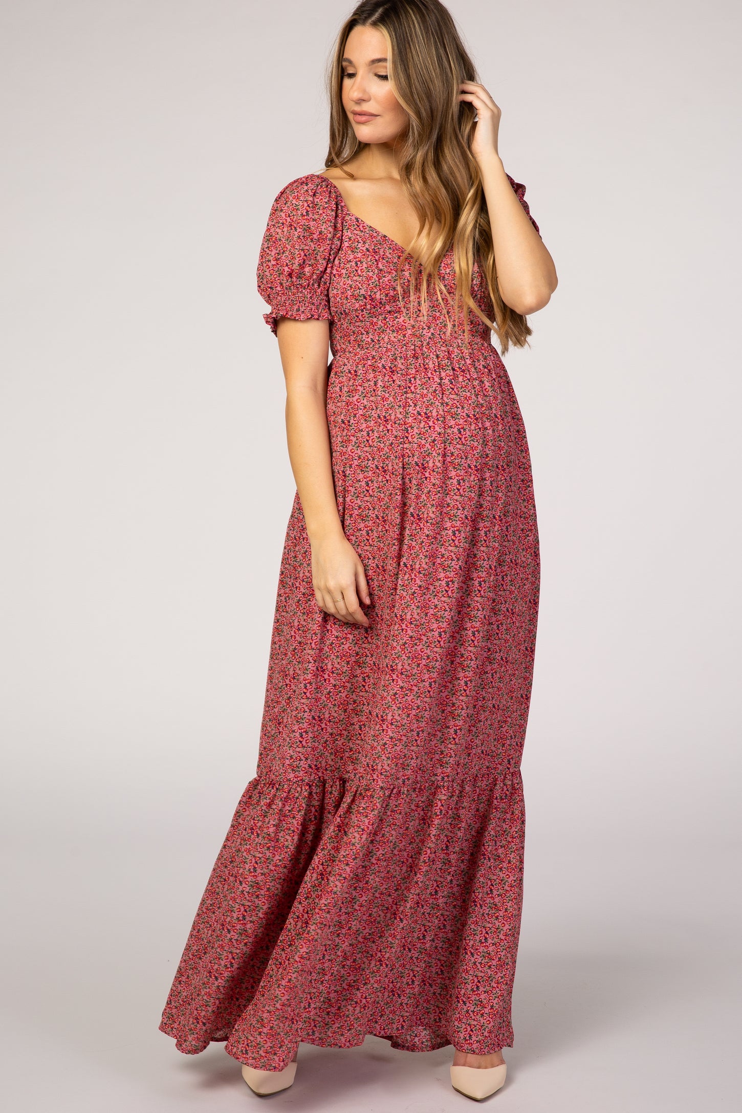 Pink Floral Puff Sleeve Maternity Maxi Dress Small Pink Floral Puff Sleeve Maternity Maxi Dress Small