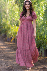 Pink Floral Puff Sleeve Maternity Maxi Dress