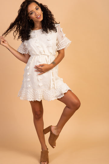 Cream Floral Applique Maternity Flounce Dress