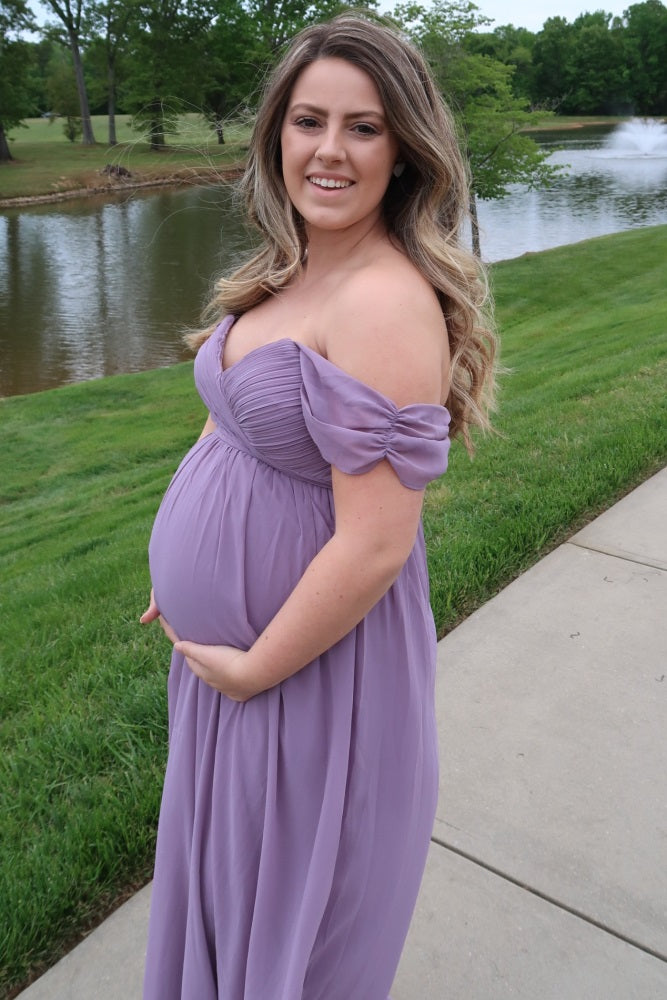 baby shower dress maternity PinkBlush Lavender Off Shoulder Chiffon Maxi Maternity Dress