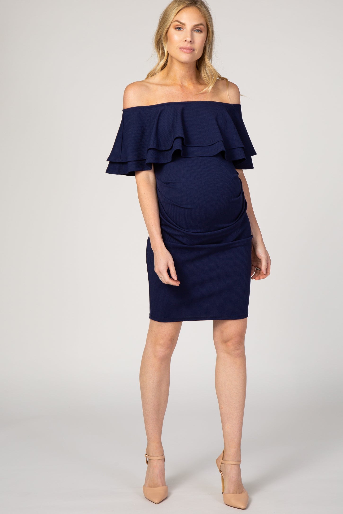 Navy Ruffle Off Shoulder Ruched Maternity Dress PinkBlush Navy Ruffle Off Shoulder Ruched Maternity Dress PinkBlush
