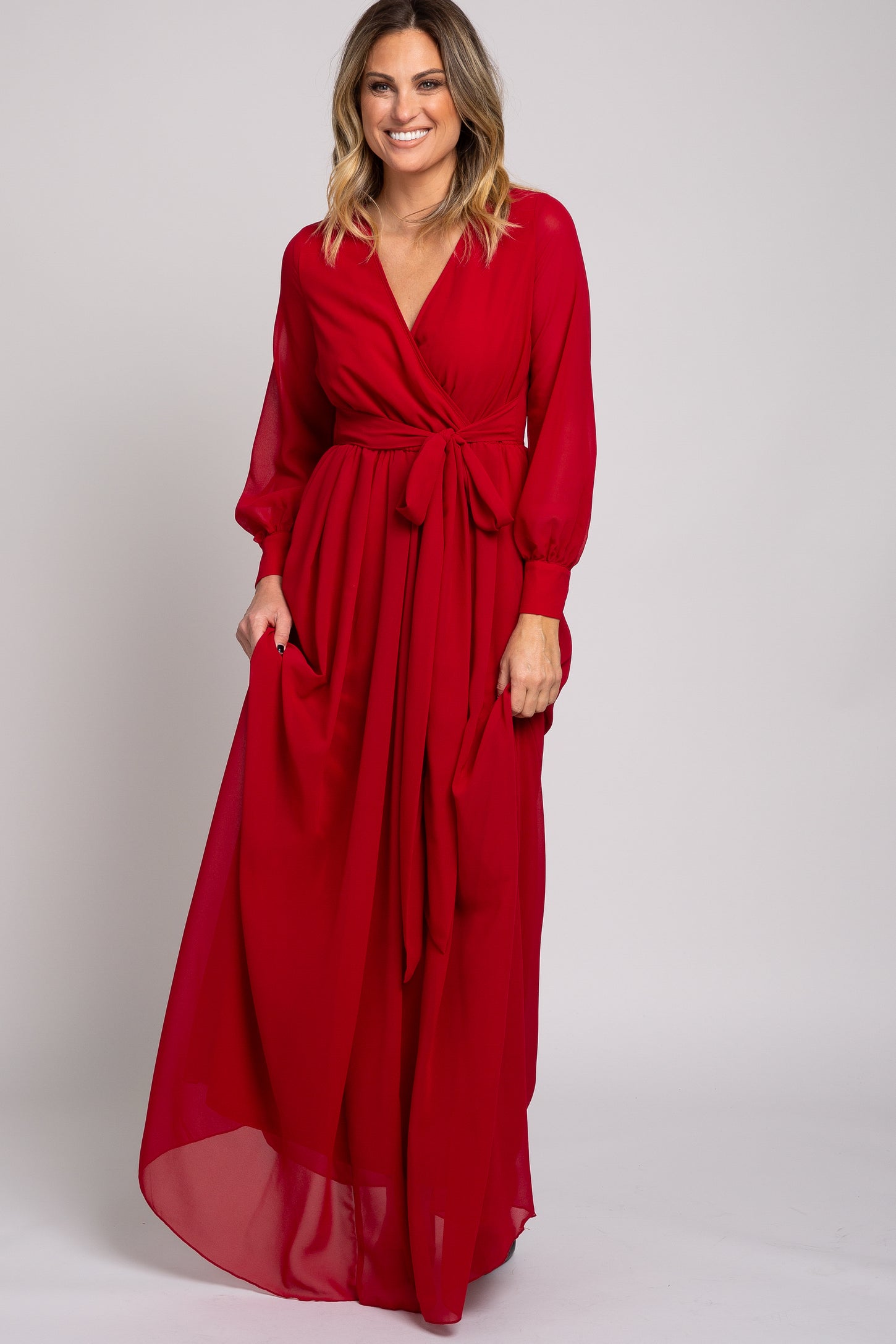 Red Chiffon Long Sleeve Pleated Maternity Maxi Dress PinkBlush Red Chiffon Long Sleeve Pleated Maternity Maxi Dress PinkBlush