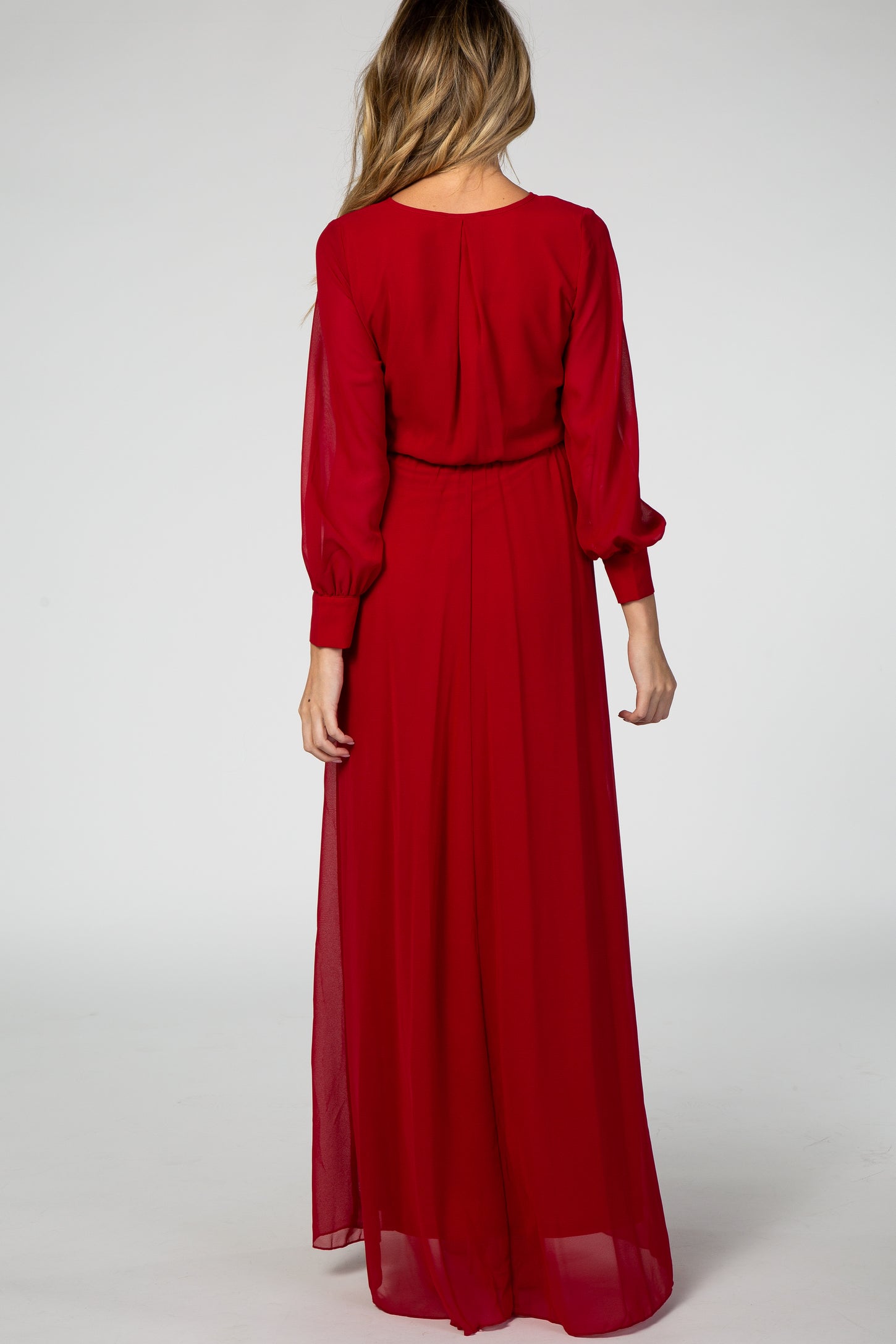 Red Chiffon Long Sleeve Pleated Maternity Maxi Dress PinkBlush Red Chiffon Long Sleeve Pleated Maternity Maxi Dress PinkBlush