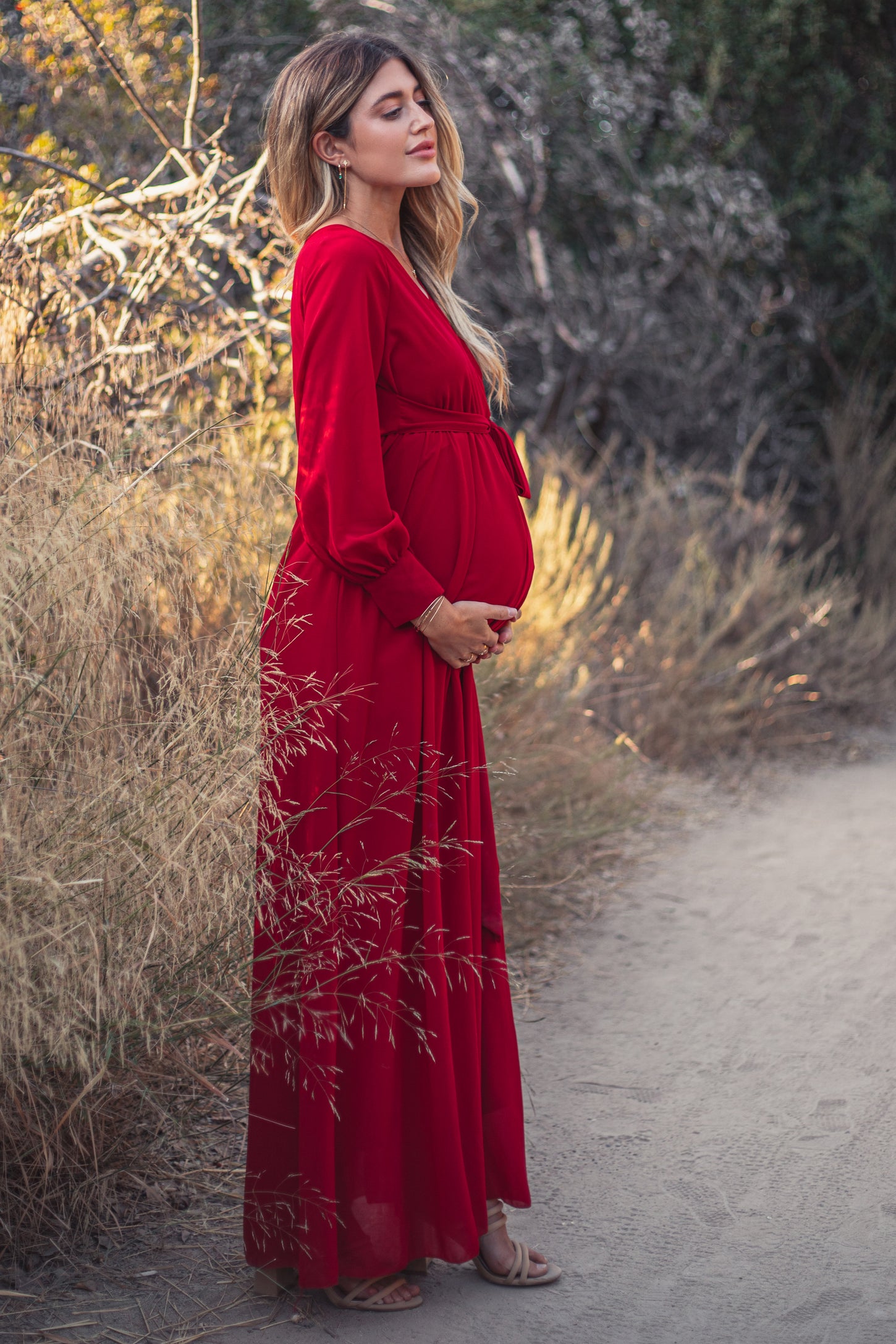 Red Chiffon Long Sleeve Pleated Maternity Maxi Dress PinkBlush Red Chiffon Long Sleeve Pleated Maternity Maxi Dress PinkBlush