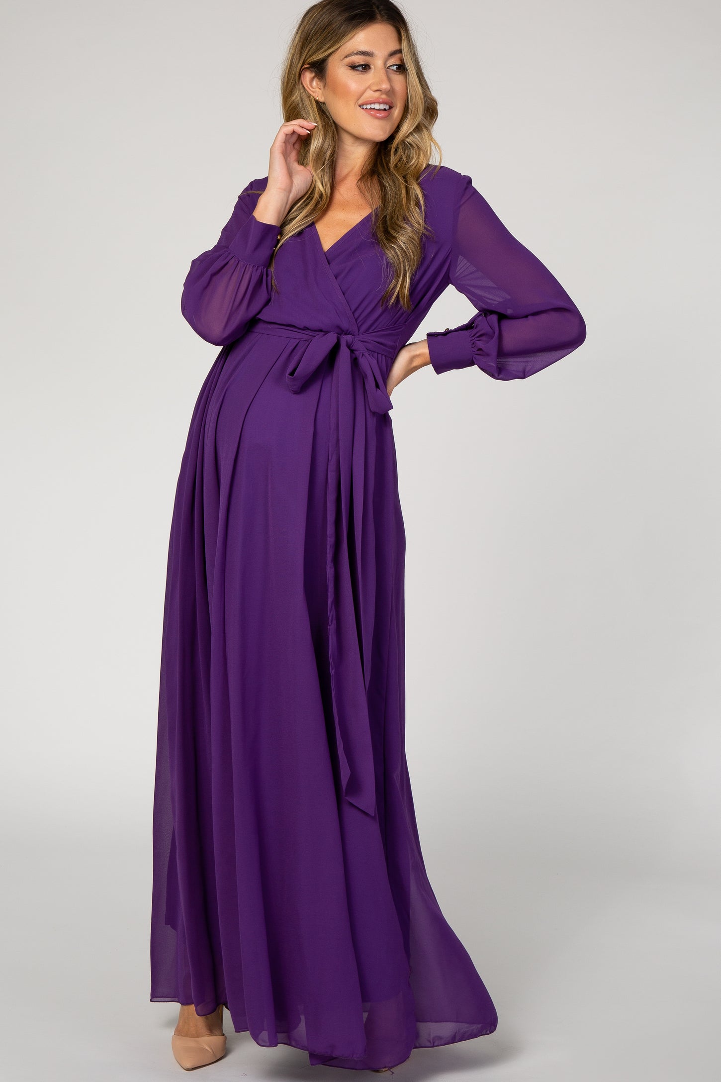 Pinkblush Purple Chiffon Long Sleeve Pleated Maternity Maxi Dress Small Pinkblush Purple Chiffon Long Sleeve Pleated Maternity Maxi Dress Small