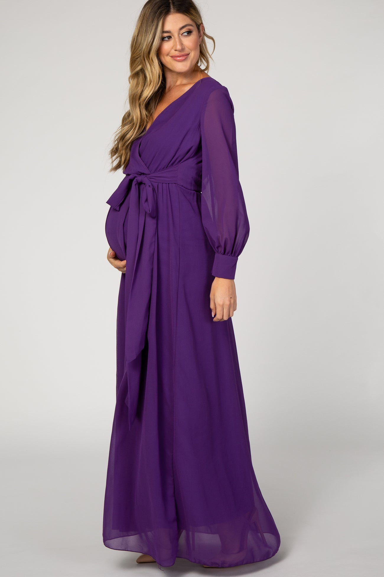 Purple Chiffon Long Sleeve Pleated Maternity Maxi Dress Small