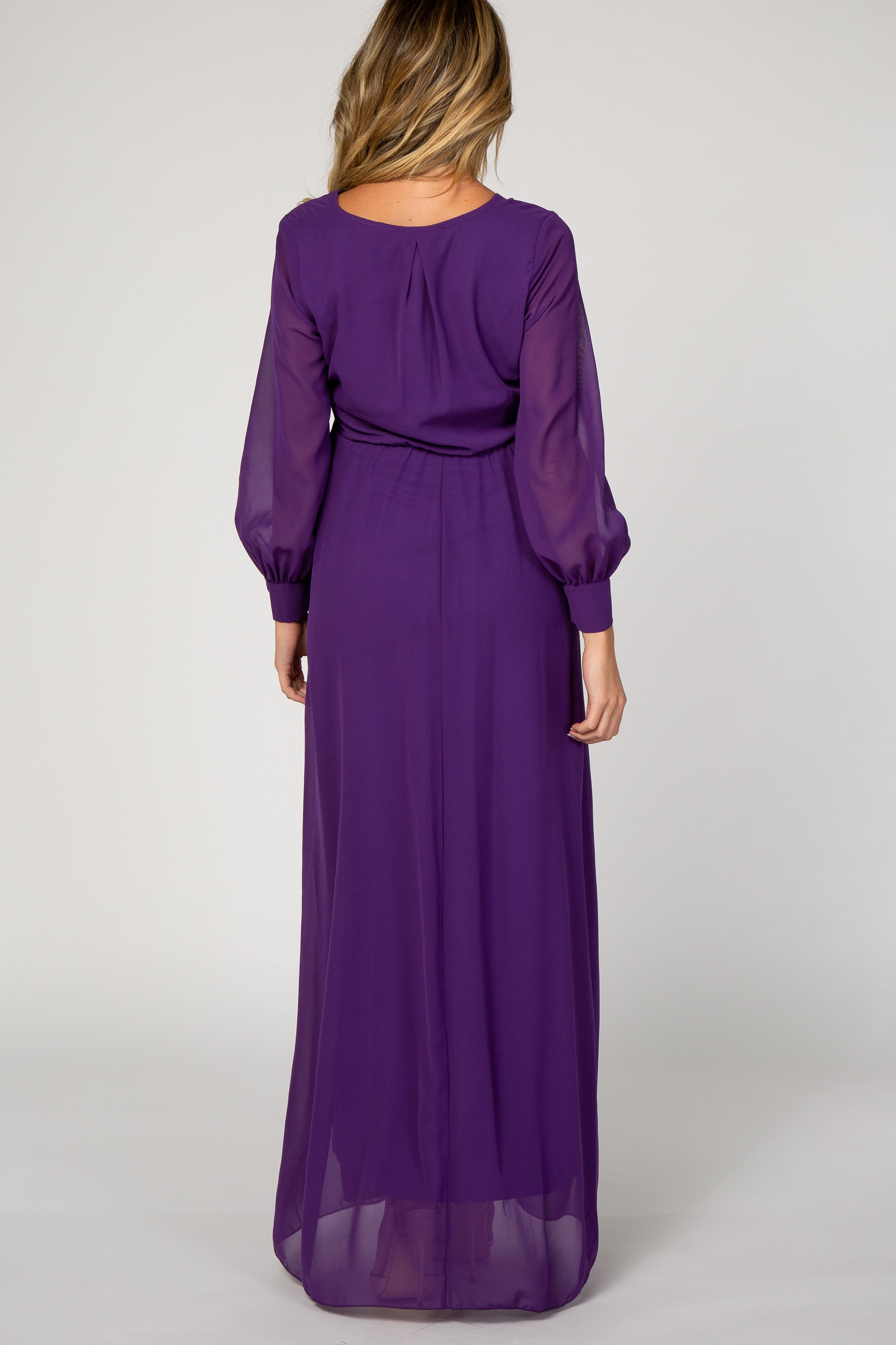 Purple Chiffon Long Sleeve Pleated Maternity Maxi Dress Small