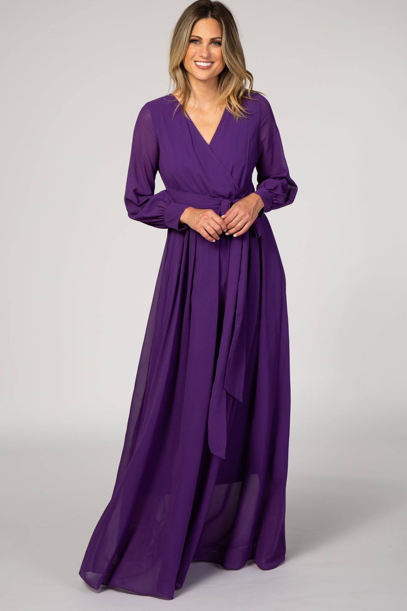Purple Chiffon Long Sleeve Pleated Maternity Maxi Dress Medium