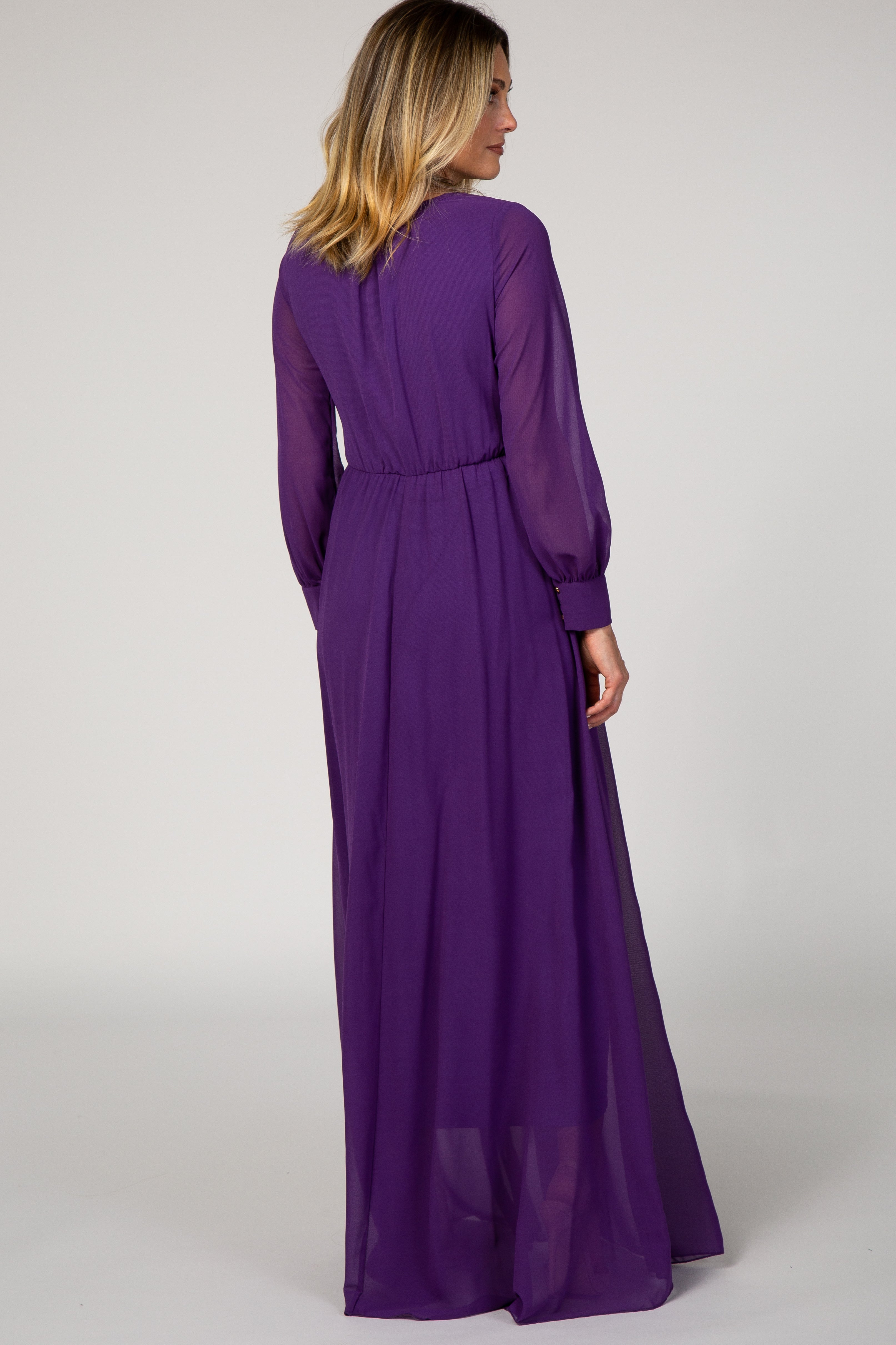 PinkBlush Purple Chiffon Long Sleeve Pleated Maternity Maxi Dress Medium