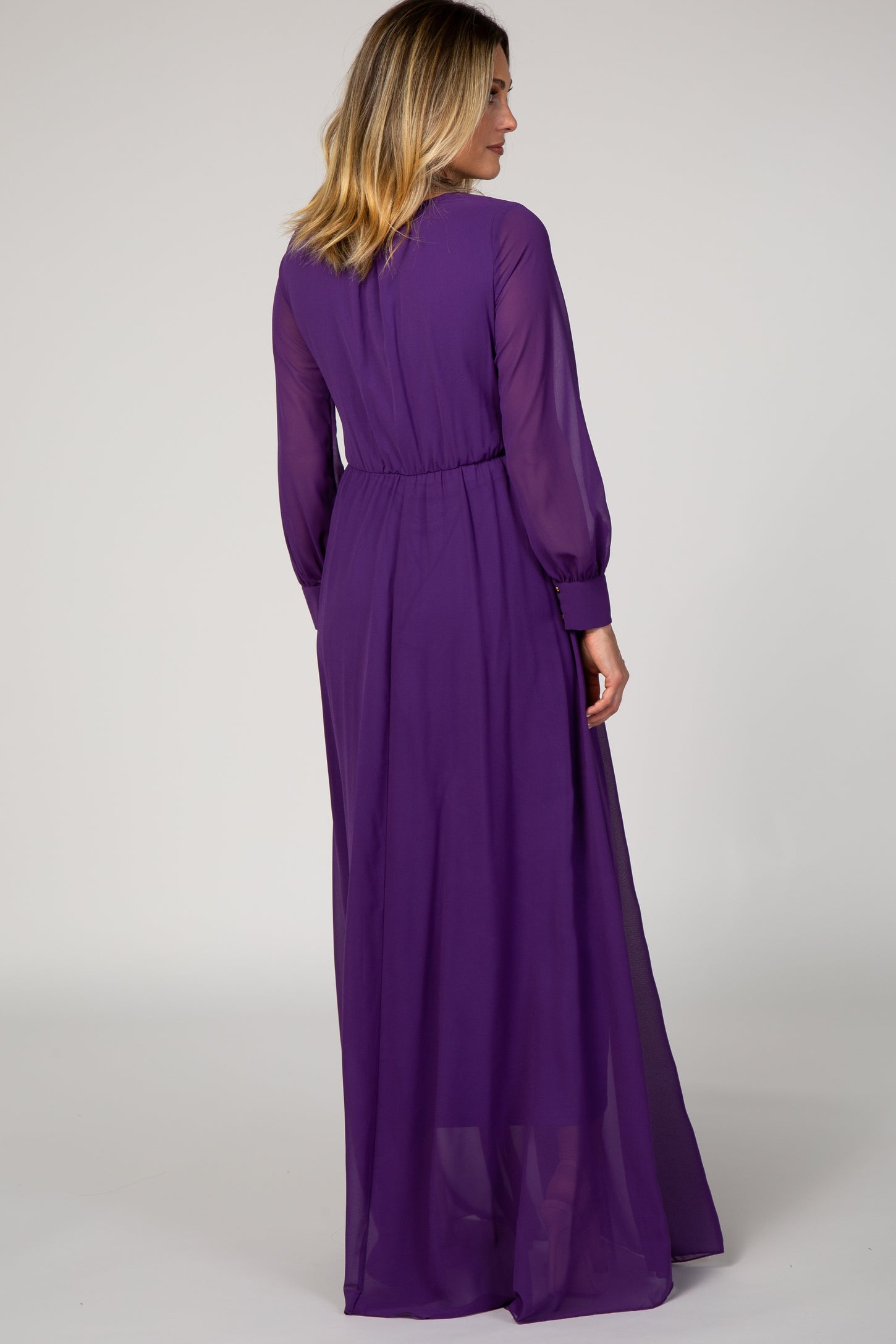 PinkBlush Purple Chiffon Long Sleeve Pleated Maternity Maxi Dress Medium