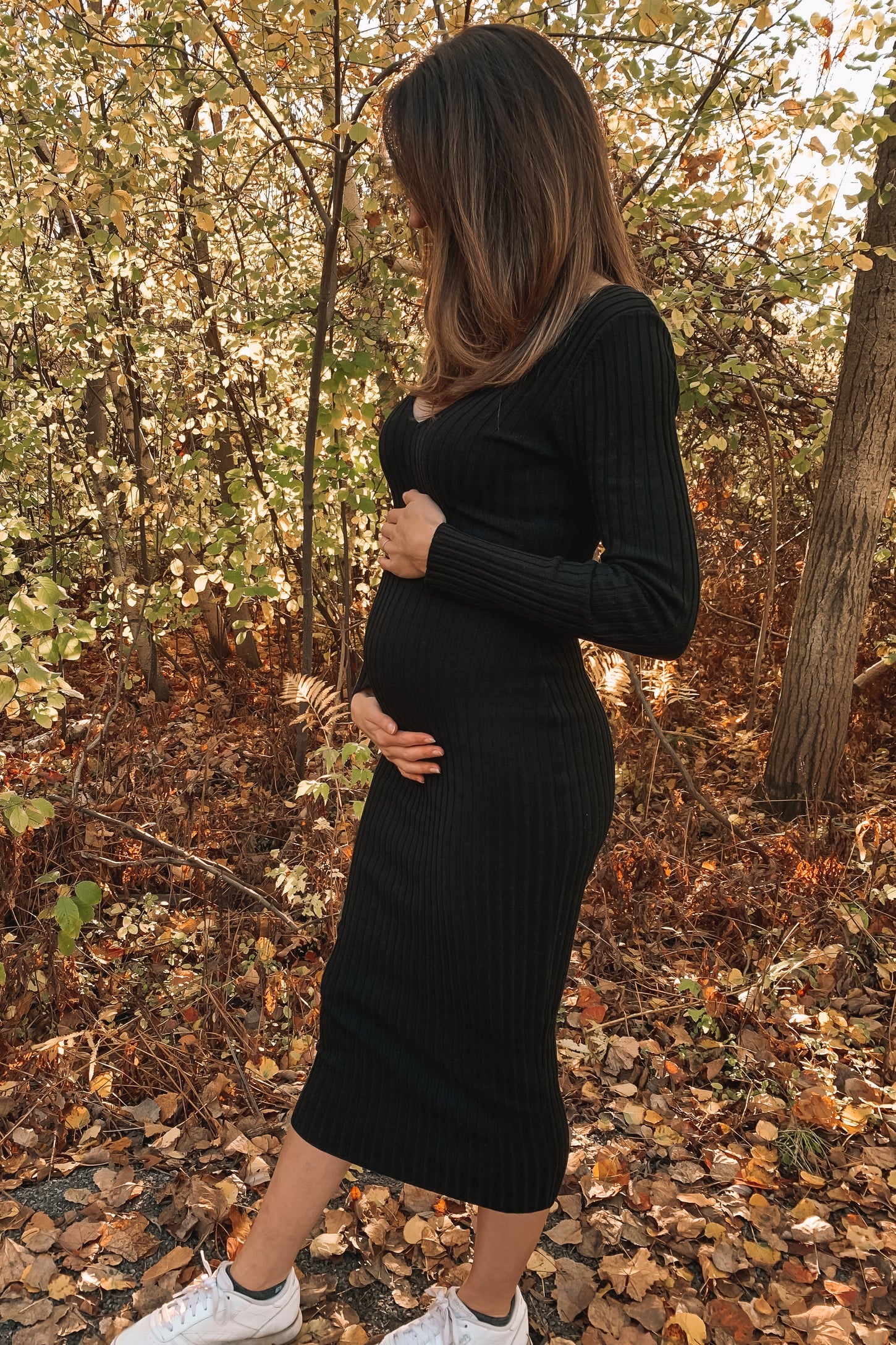 Black V-Neck Long Sleeve Fitted Maternity Maxi Dress