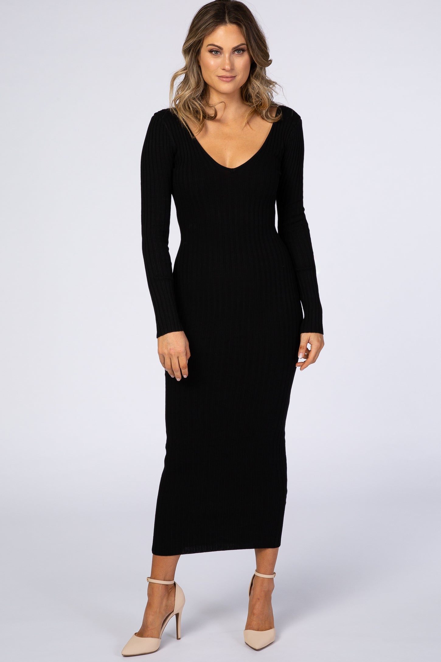 Black V-Neck Long Sleeve Fitted Maxi Dress – PinkBlush