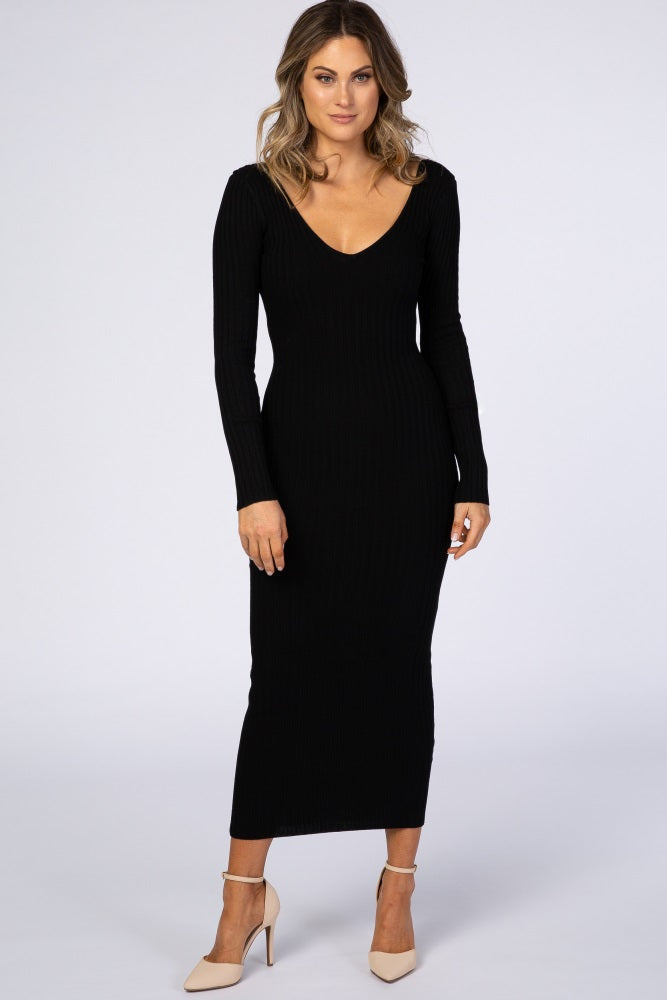 Black V-Neck Long Sleeve Fitted Maxi Dress Black V-Neck Long Sleeve Fitted Maxi Dress