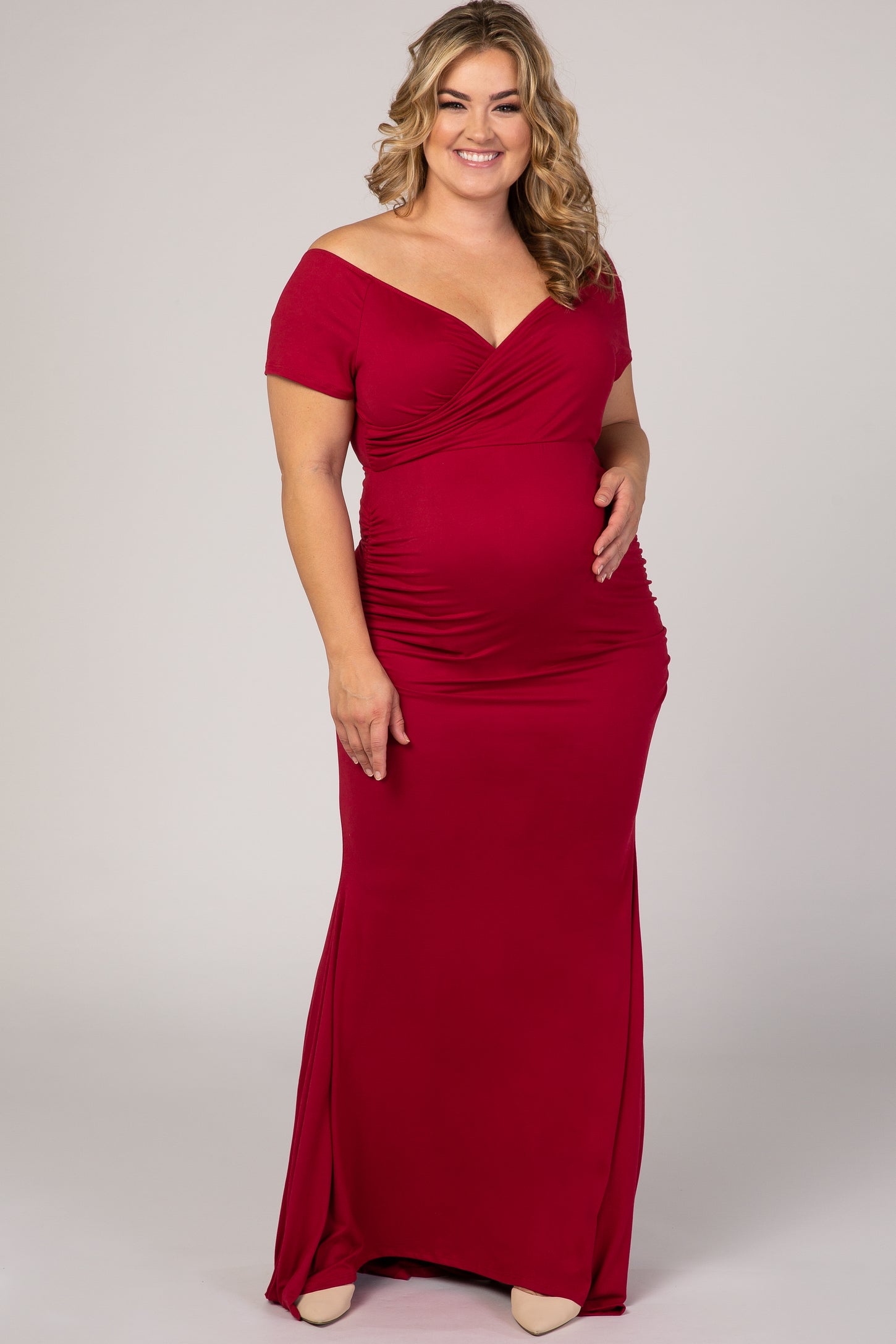 PinkBlush Burgundy Off Shoulder Wrap Plus Maternity Photoshoot Gown/Dress
