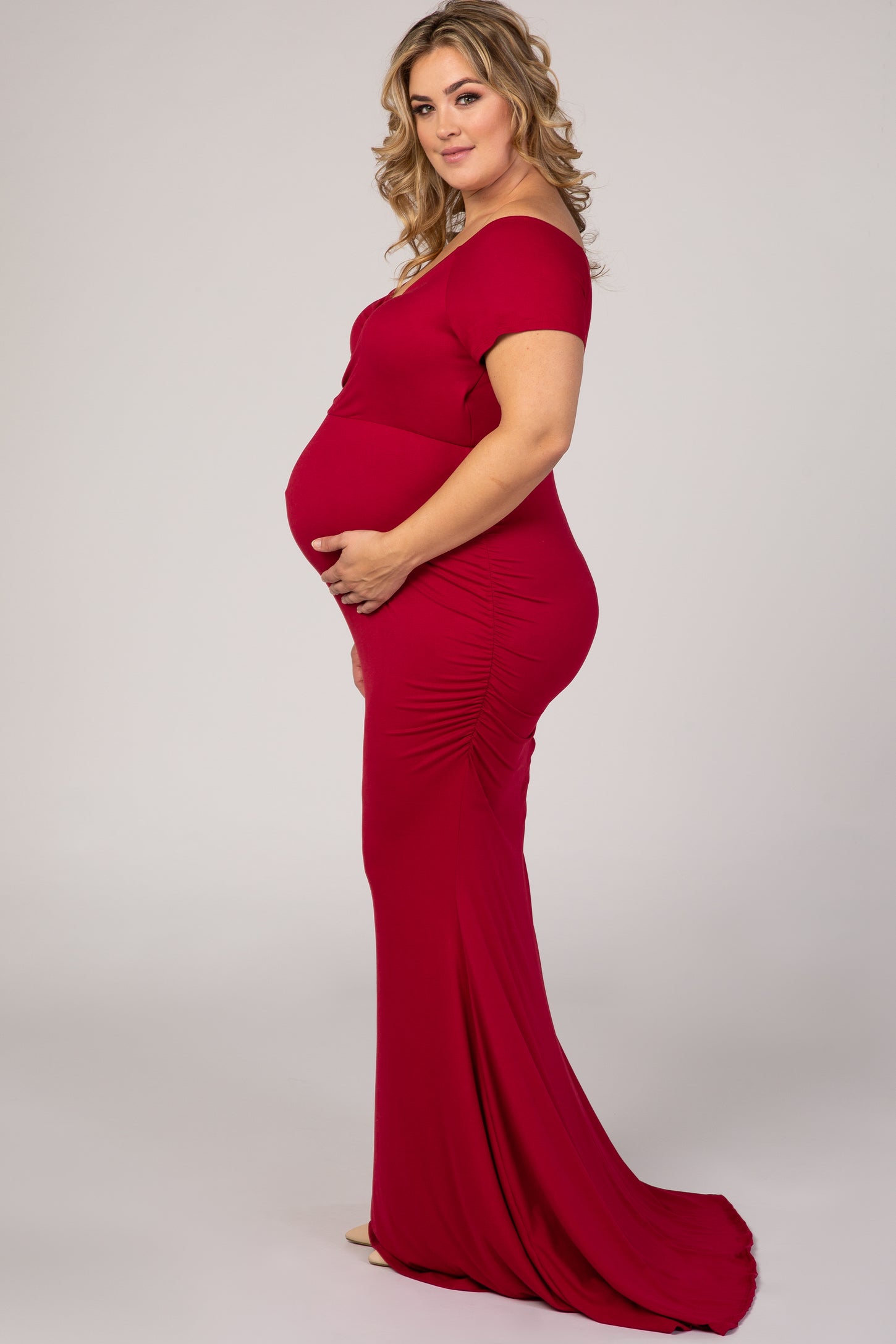 burgundy off shoulder maternity dress Burgundy Off Shoulder Eyelet Tiered Maternity Maxi Dress PinkBlush